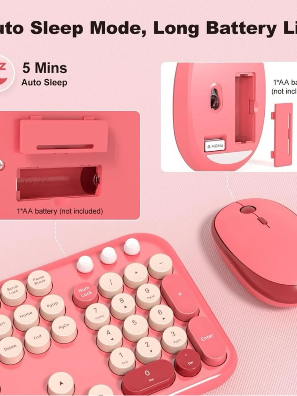 MOFII Pink Red Retro Typewriter Wireless Keyboard and Mouse Combo New in Box